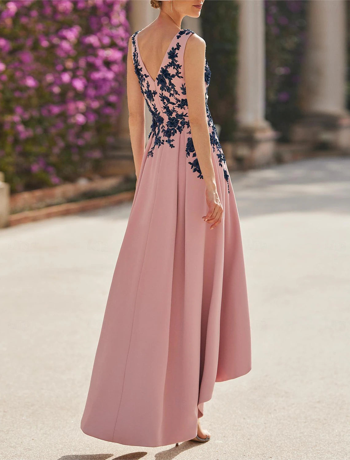 Buyishang A-Line Mother of the Bride Dress Formal Wedding Guest Elegant Vintage V Neck Asymmetrical Satin Short Sleeve with Pleats Appliques Flower free custom size